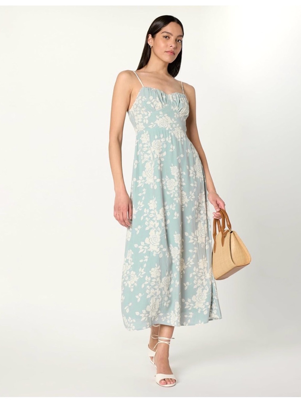 The Drop Blue Floral Midi Dress with Spaghetti Straps- Medium